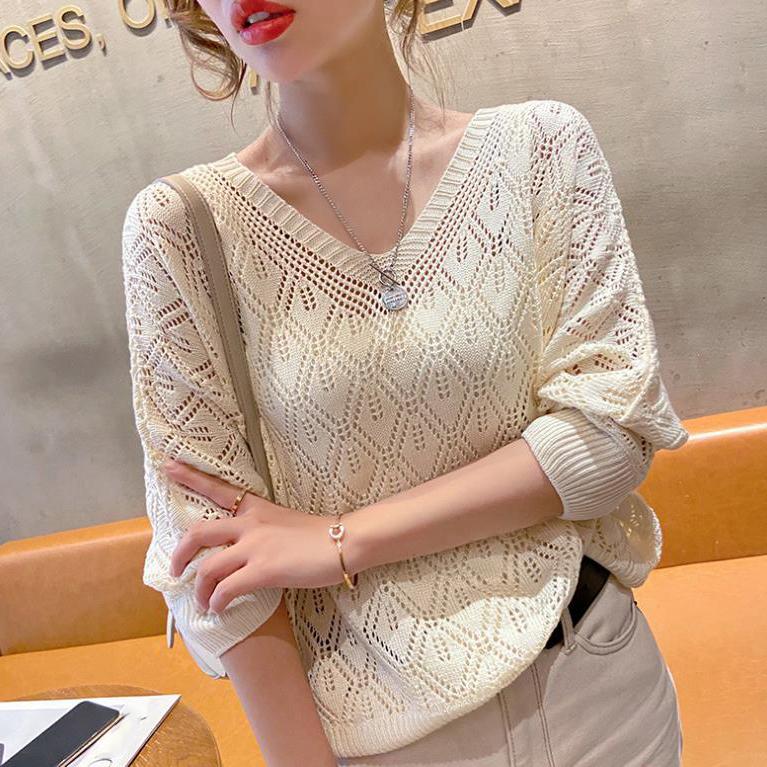 Women's's Thin Spring Loose Bat Shirt Short Top V-neck Hook Flower Hollow Knitted Sweate Crocheted Hollow Knitted Three-quarter Sleeve Blouse