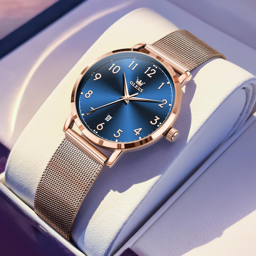 OLEVS Women's Blue Watch, Stylish, Waterproof, Mesh Band, Analog, Simple Dial, Easy to Read, Fashion Watch