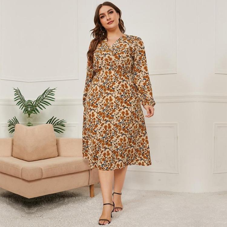 Women Long Sleeve V Neck Slim Fit Printed Dress High Waist Lace Up All Match Autumn Winter New Fashion