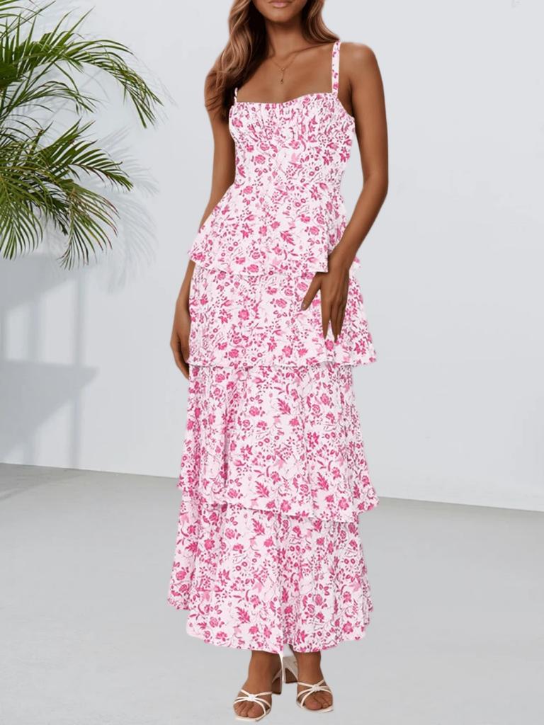 Women's Floral Maxi Dress Spaghetti Strap Ruffle Tiered Sleeveless Summer Dress
