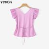 ZANZEA Women Square Collar Ruffled Short Sleeve Satin Casual Blouse