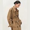 Womens Khaki Suede-Look Long Trench Coat Double-Breasted Loose Fit Vintage Style