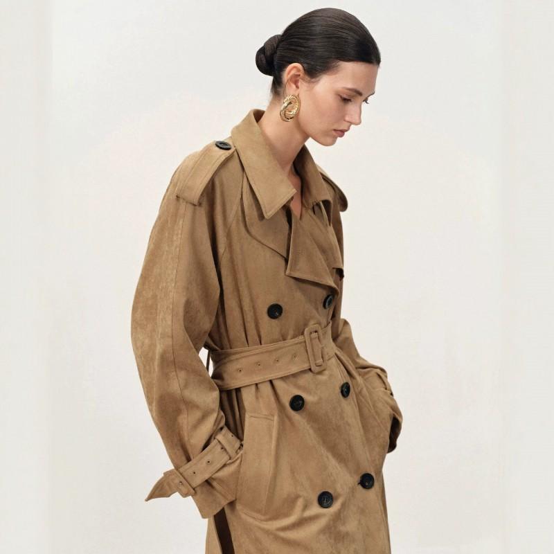 Womens Khaki Suede-Look Long Trench Coat Double-Breasted Loose Fit Vintage Style