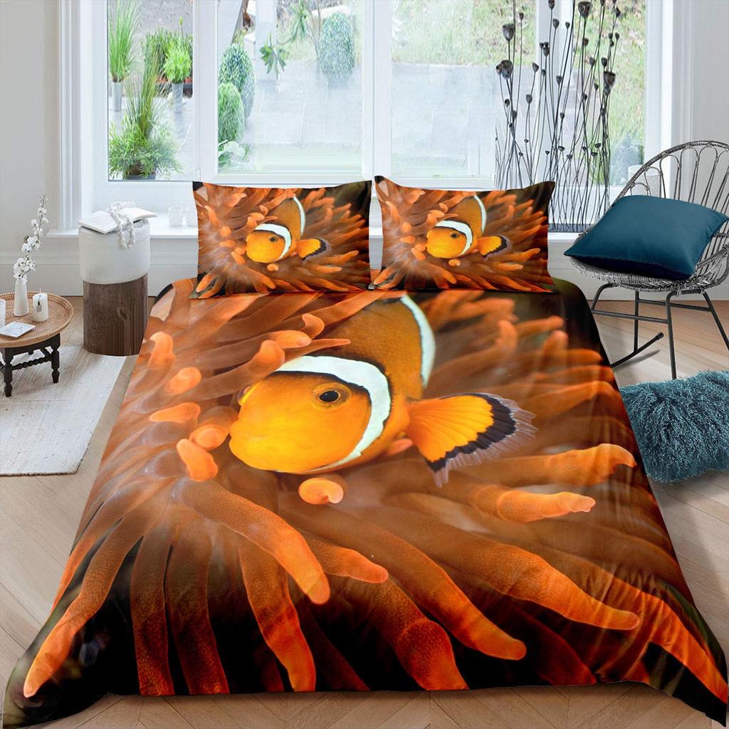Cartoon Clownfish King Queen Duvet Cover Tropical Marine Life Quilt Cover Underwater World Bedding Set Polyester Comforter Cover