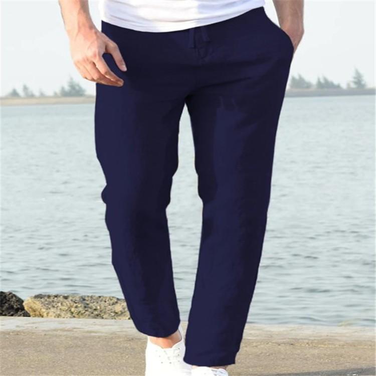 Men's linen summer casual pants drawstring elastic waist solid color breathable daily pencil small feet trousers