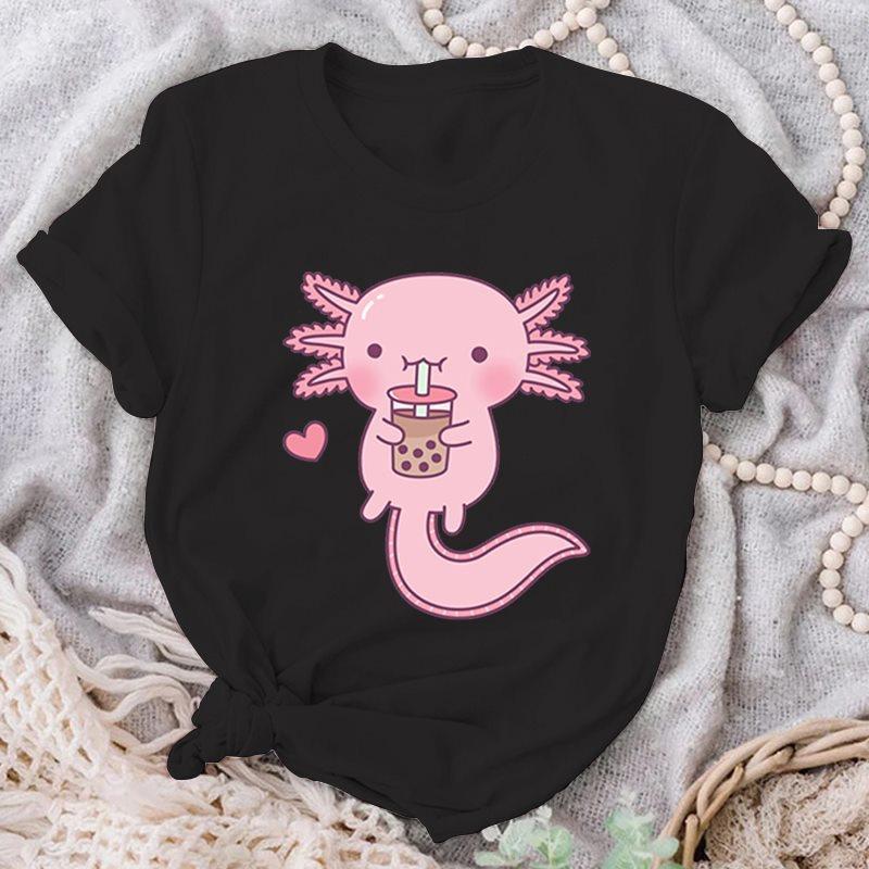 Cute Cute Axolotl Drink Boba Tea Graphic Print T-Shirts For Women Summer Lovely Short Sleeve Casual T-Shirts Funny Ladies Tops