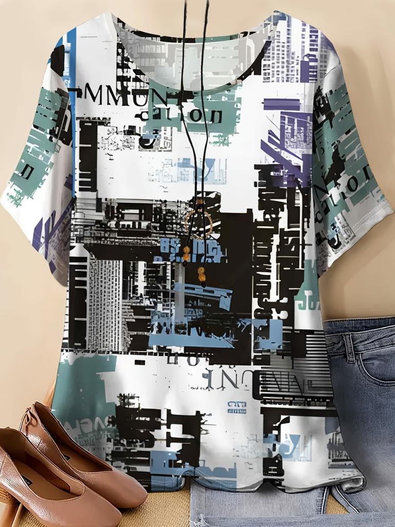 Vintage Newspaper Letter Print Women's T-Shirts Casual Fashion O-Neck Top Oversize Tees Summer Loose T-Shirt Women's Clothing
