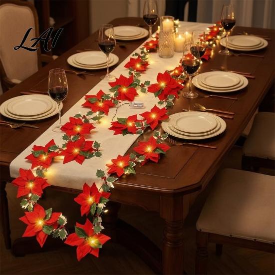 Small Room Decorative Lights Christmas Poinsettia String Lights 200/300cm Red Green Floral Garland Battery/USB USB Operated Festive Lamps