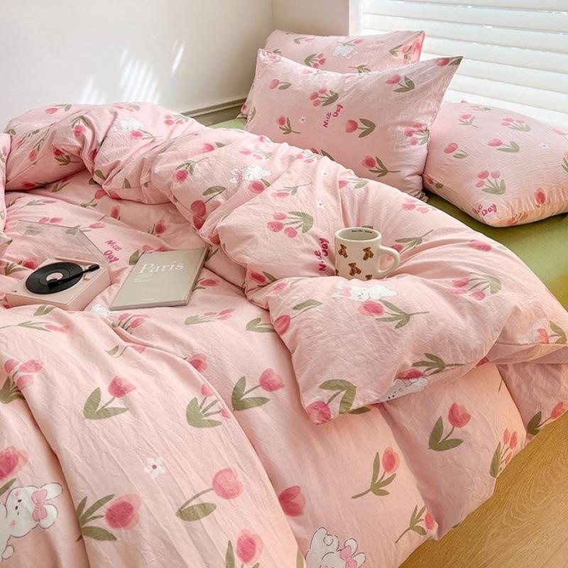Class A Maternal Infant Grade Washed Cotton Linen 4-Pcs Set Double-Layer Yarn Quilt Cover Dormitory Bed Sheet 3-Pcs Set Household Bedding