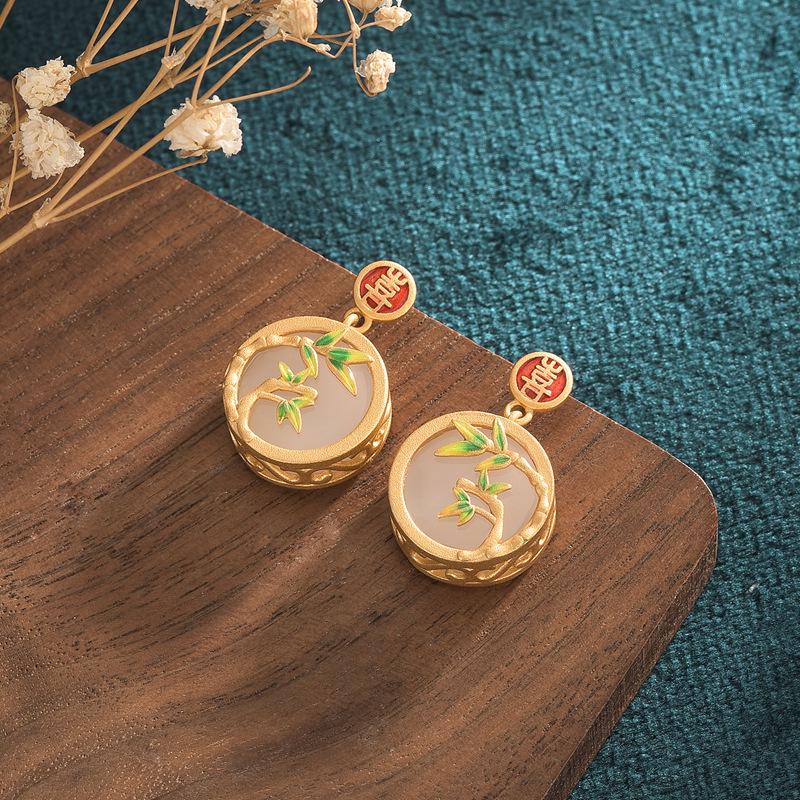 Chinese Style Hanfu-Style Enamel & Jade Imitation Stud Earrings with 925 Silver Needle