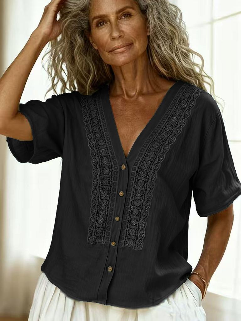 Bohemian V-Neck Short Sleeve Blouse with Crochet Lace Detail