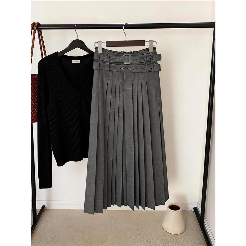 Korean Temperament Gray Winter A-line Pleated Long Skirt