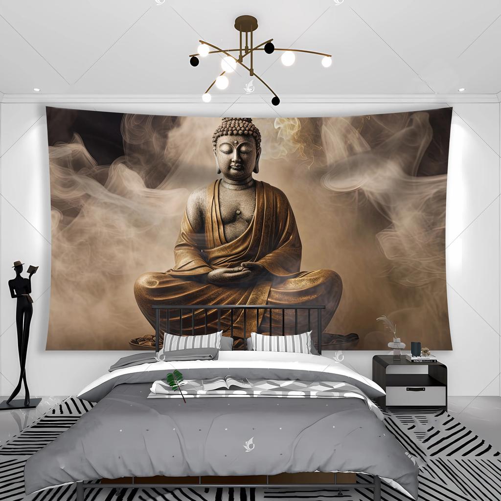 Zen Buddha Tapestry  Serene Meditation  Golden Clouds  Unique Wall Art for Yoga Room Home Decor  Spiritual Gift