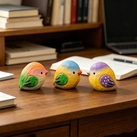 Mini Wood Carving Bird Ornament Hand-Carved Painted Bird Figurine Statue Sculpture Home Office Desktop Decoration Ornament