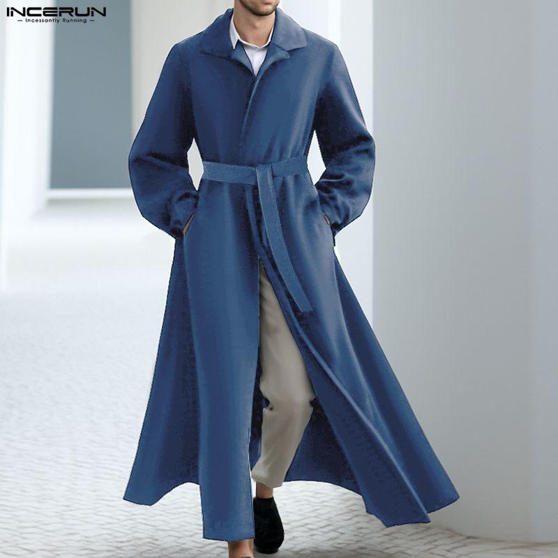INCERUN Winter Autumn Men Long Sleeve Long Coat Belt Waist Casual Woolen Overcoat