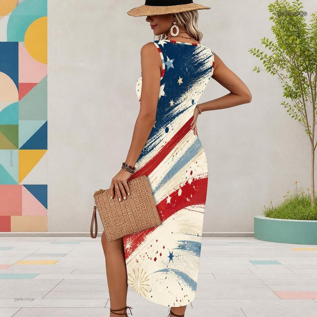 Women Plus Size Sleeveless U Neck Firework Printed Navy Blue Dress High Side Slit Curved Hem