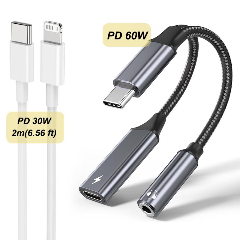 2 In 1 Type C Audio Adapter PD 60W Fast Charging USB C To 3.5mm Jack Adapter for 15/16 Samsung Huawei