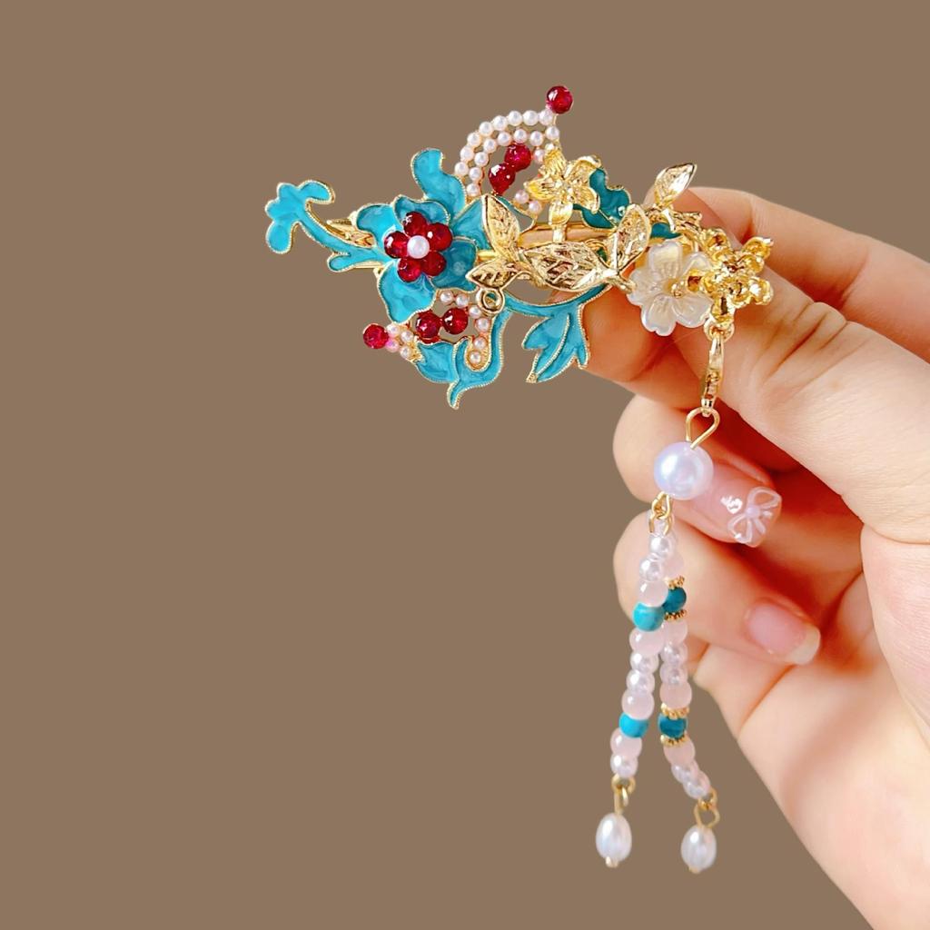 Elegant Blue Cloud Pearl Hairpin with Tassel