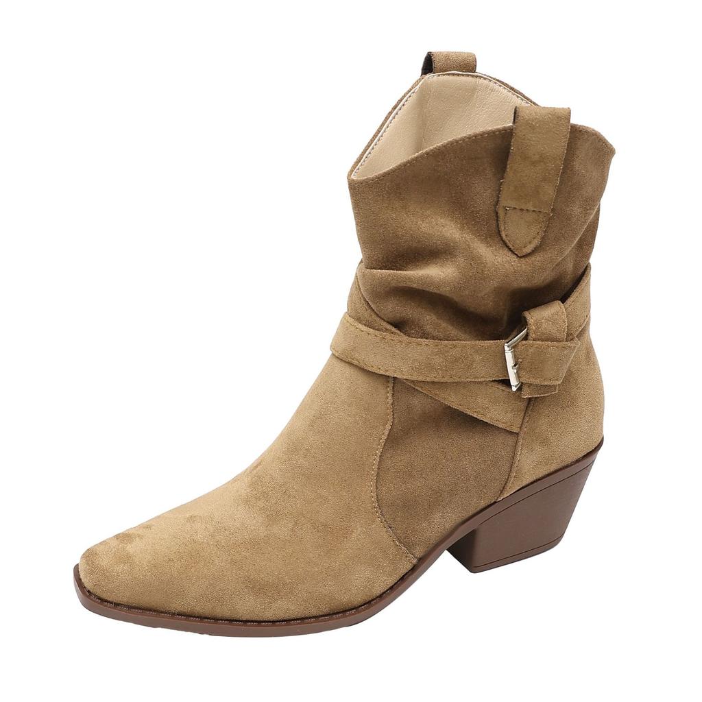 Vintage Suede V-mouth Western Cowboy Boots Women's High Heel Pointed Middle Boots Belt Buckle Stacking Boots