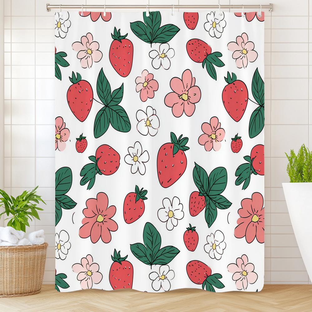 Small Fresh Fruit Strawberries Printed Shower Curtain Bathroom Curtain,Hanging Curtain With 12 Hooks Decoration Machine Washable