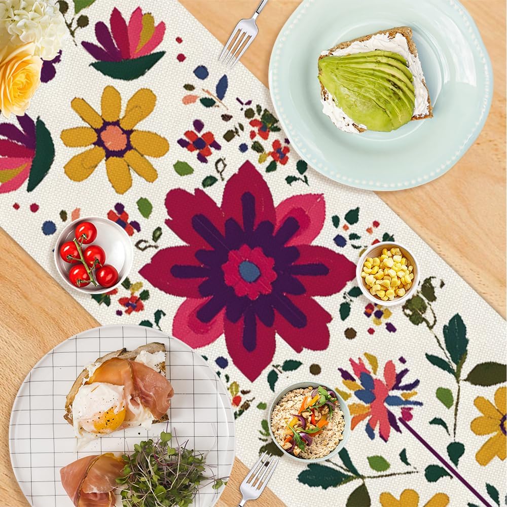 ANNA QUEEN Boho Floral Table Runner 13x72 Inch, Colorful Mexican Otomi-Style, Folk Art Table Decor for Dining Table, Fiesta Party, Kitchen, Wedding