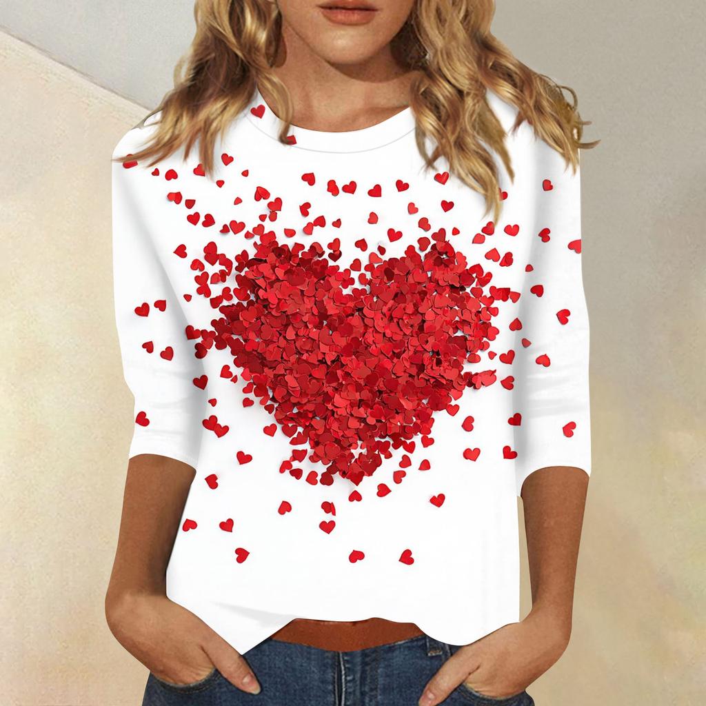 Damen Modisches Lässiges Dreiviertelarm Herzförmig Bedrucktes Rundhals-Top