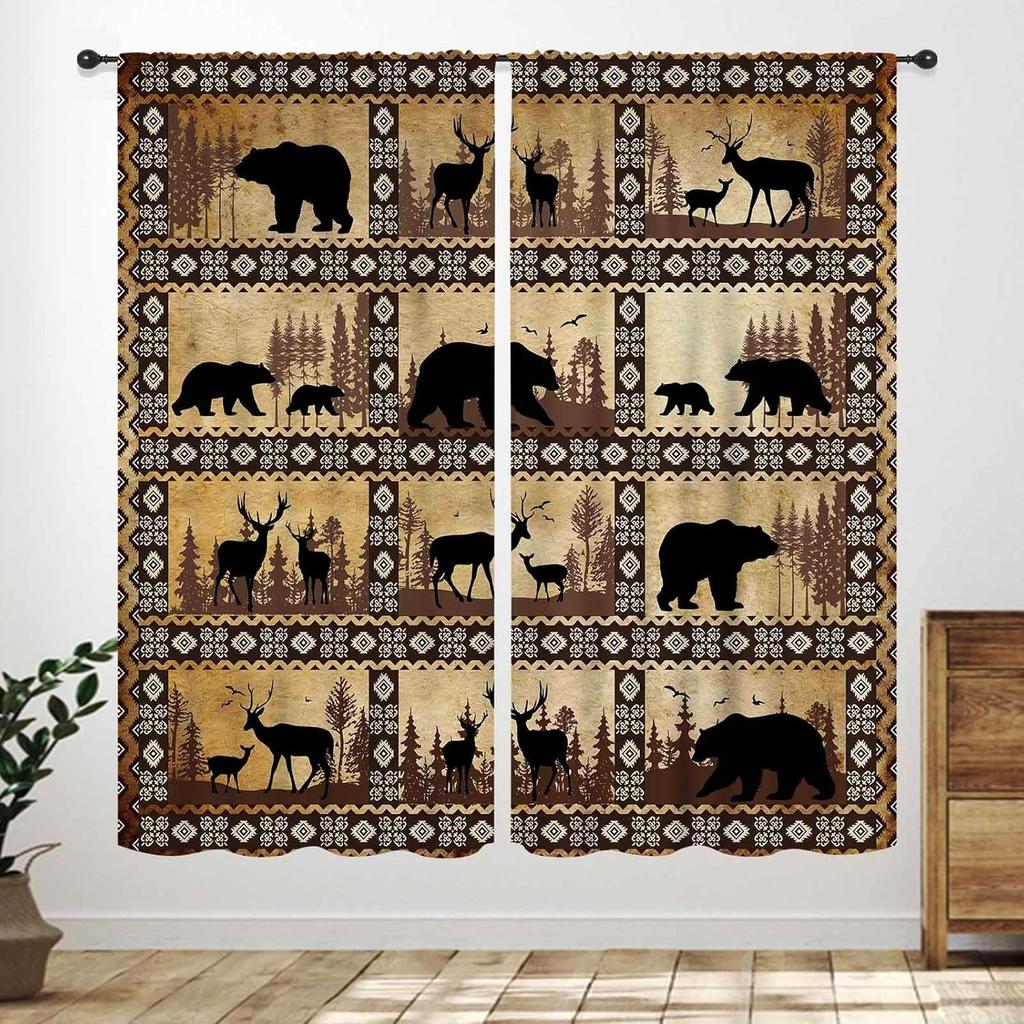 Rustic Deer Curtains,Farmhouse Cabin Lodge Country Forest Hunting Wild Animal Vintage Elk Window Treatments Drapes for Bedroom