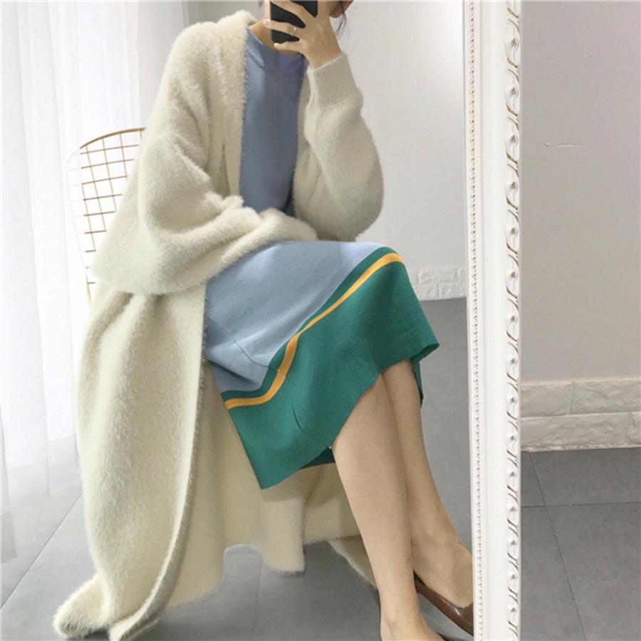 Autumn Loose Over-Knee Long Sleeve Thick Velvet Knit Cardigan Sweater for Women
