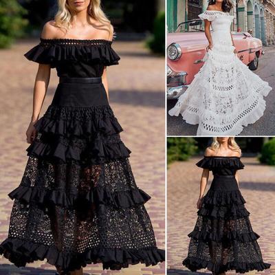 Abito lungo con scollo a V e scollatura a V, con ricamo floreale e patchwork, da donna