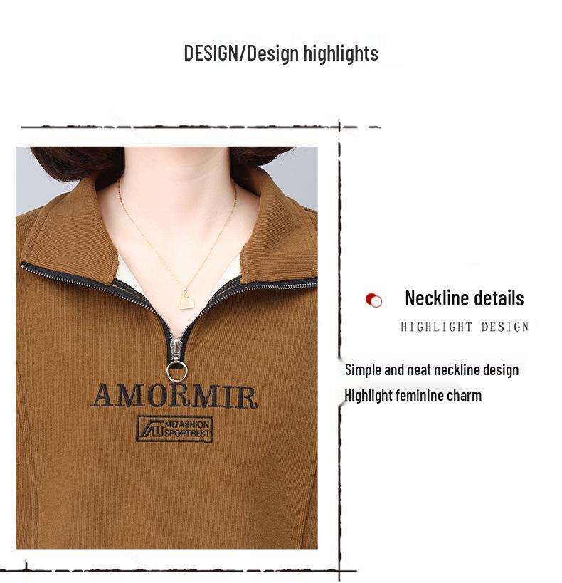 Women's High Neck Fleece Sweatshirt, Turn-Down Collar, 2024 Autumn/Winter, Petite, Thick Zip-Up Top for Moms