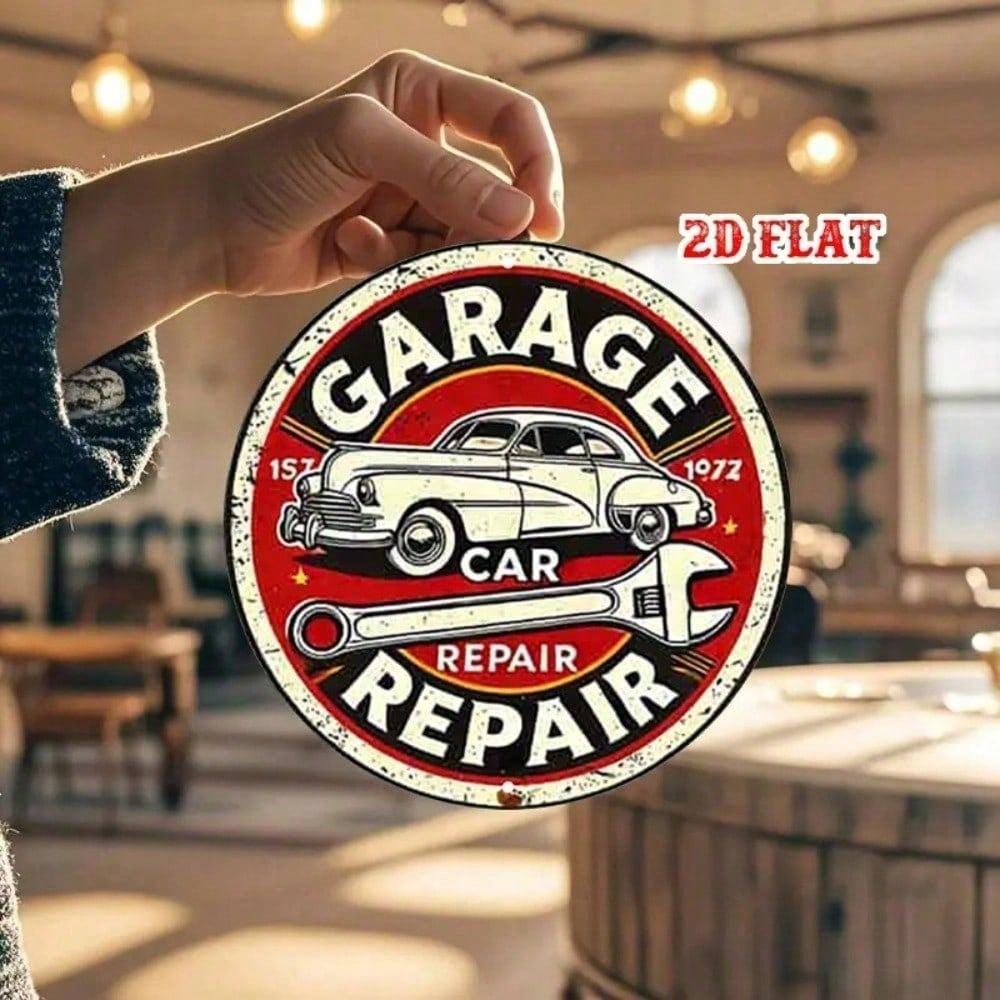 Vintage Metal Tin Sign Retro Garage Wall Art 2D Round Rustic Decor Car Tools Illustration Man Cave Workshop
