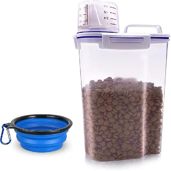 Upgraded Dog Food Storage Container Small, Cat Food Container Airtight, Pet Food Container Dispenser with Pour Spout, Measuring Cup and 4 Seal