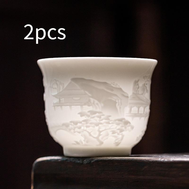 Handmade Tengwangge Pavilion Relief White Porcelain Tea Cup Chinese Gongfu Tea Set Personal Tea Cup Ceramic Gift for Tea Lovers