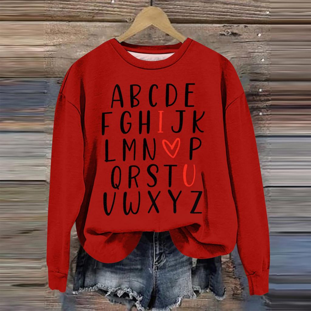 Damenmode Valentinstag Bedrucktes Langarm Locker Rundhals Sweatshirt Oberteil Herbst