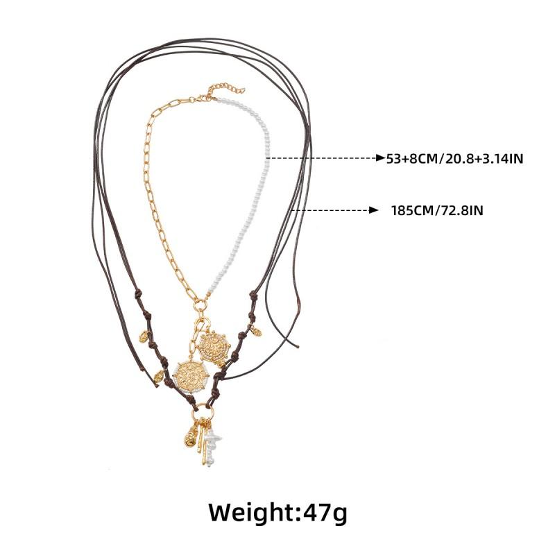 Handmade Multi-Layer Pendant Necklace With Imitation Pearl Beads Geometric Design Gold Tone Zinc Alloy Boho Chic
