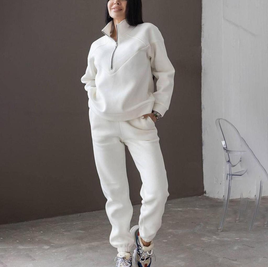 Kvinner Ensfarget Langermet Stativ Krage Hettegensere Dress Høst Vinter Løs Topp Bukser med brede ben