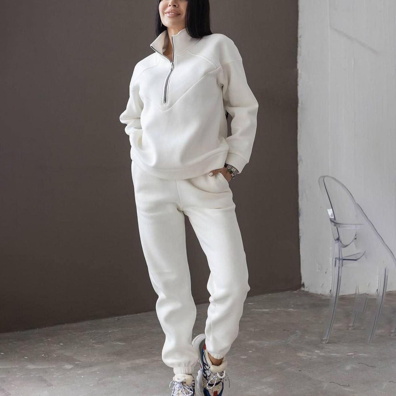 Женский однотонный длинный рукав воротник-стойка толстовка костюм осень зима свободный — фото 5