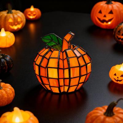 Yousheng Stained Glass Pumpkin Lantern Handmade Halloween Pumpkin Lamp Starry Night Glass Decor Indoor Fall Decoration