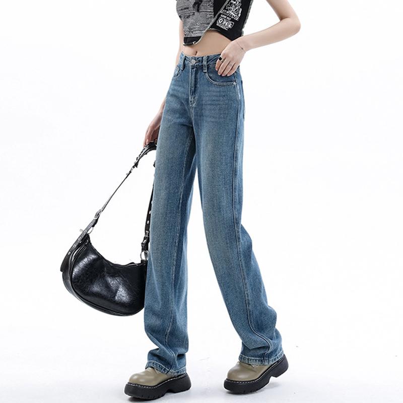 

Джинсы с прямыми штанинами, женские весенне-осенние 2024, свободные широкие брюки с высокой талией, винтажные повседневные джинсовые брюки, модные женские брюки 190 2XL синий