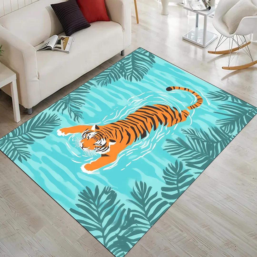 

Minimalist Tiger Area Rug White Background Illustrated Palm Leaf Pattern Non Slip Living Room Rug for Boho Home Decoration 40x60cm