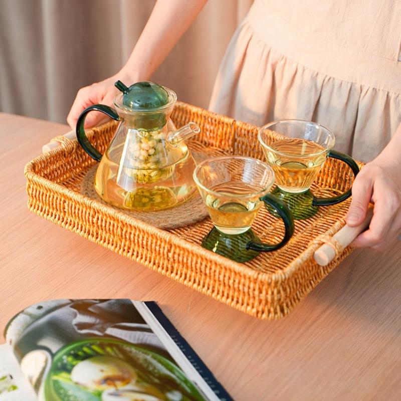 Multi-Use Pp Woven Storage Basket With Wooden Handle Modern Rectangular Shallow Bin For Living Room Bedroom Kitchen Hotel Servic