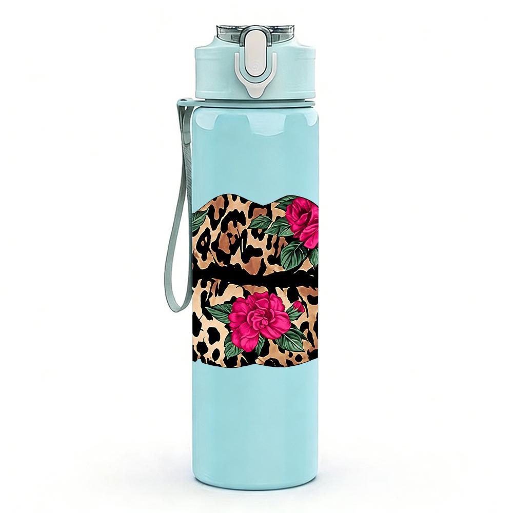 1PC Leopard Lips Rose Graphic,750ml Color Plastic Sports Water Bottle,Leakproof Flip Straw Lid,Suitable for Sports Office Home Use