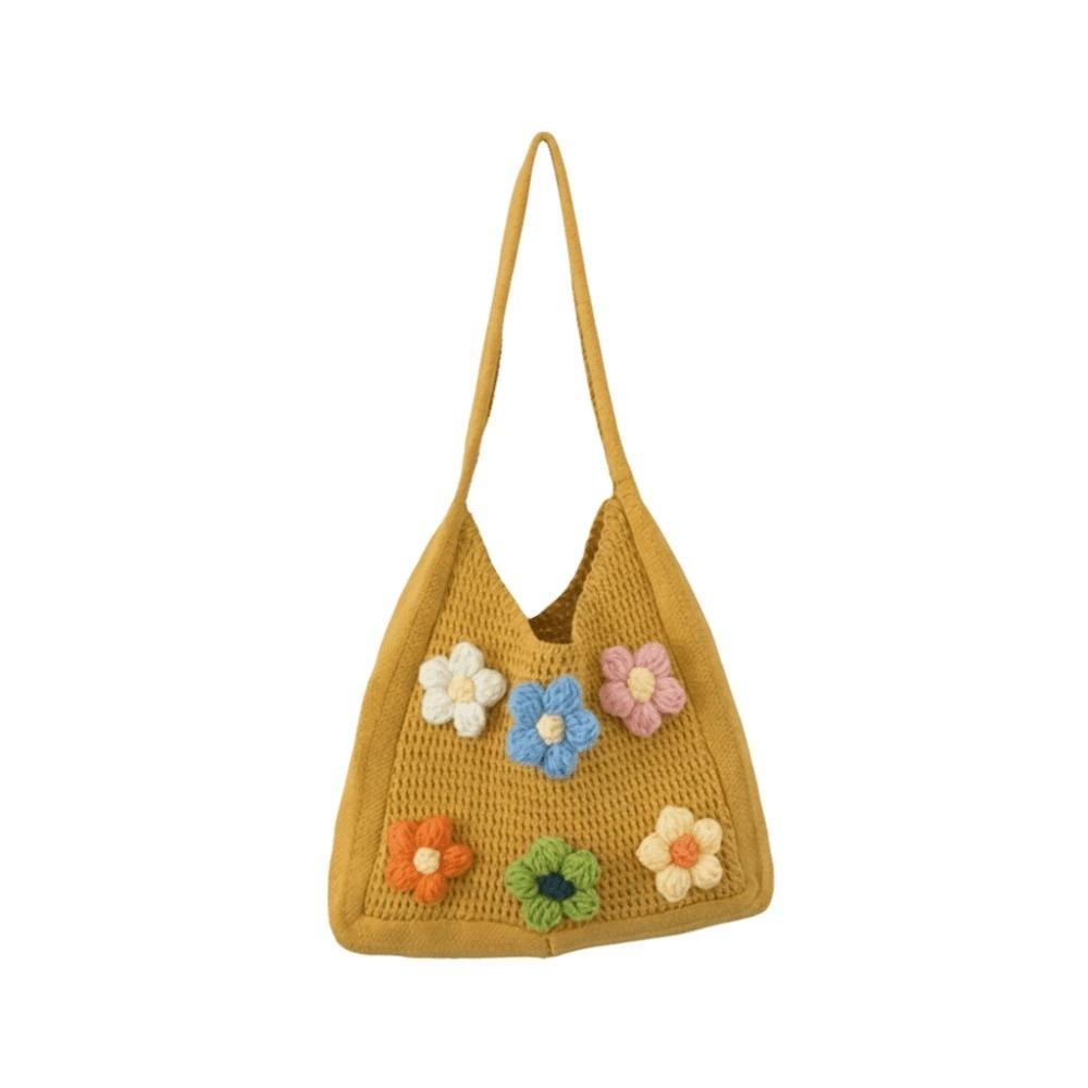 Sweet Crochet Shoulder Bag with Crochet Flowers Seaside Vacation Handbag Knitted Tote Bag  Daily жёлтый