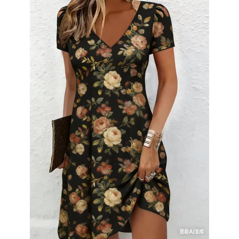 Women  Summer Dress Sexy V-neck Short Sleeve Print Loose A-Line Dress L