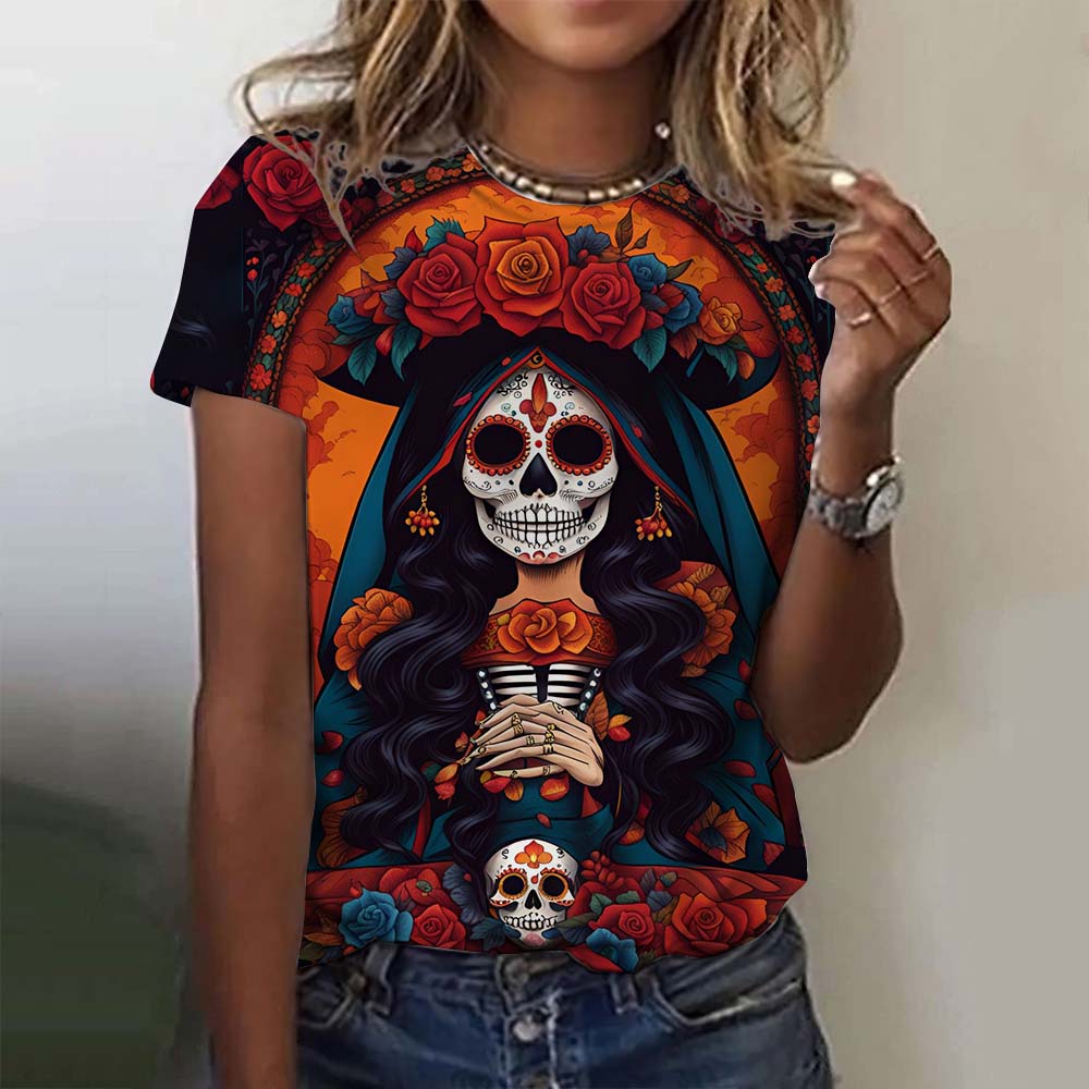 Fashion Women's T-shirt for Girls Summer Short Sleeve Casual Sexy Girls Clothes Horror Undead Skull Pattern Oversized T-shirts