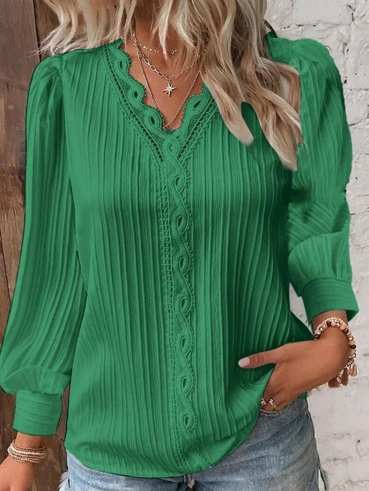Fashion Lace Patchwork Blouse Elegant Womens White Shirt Long Sleeved V Neck Loose Fitting Office Casual Tops