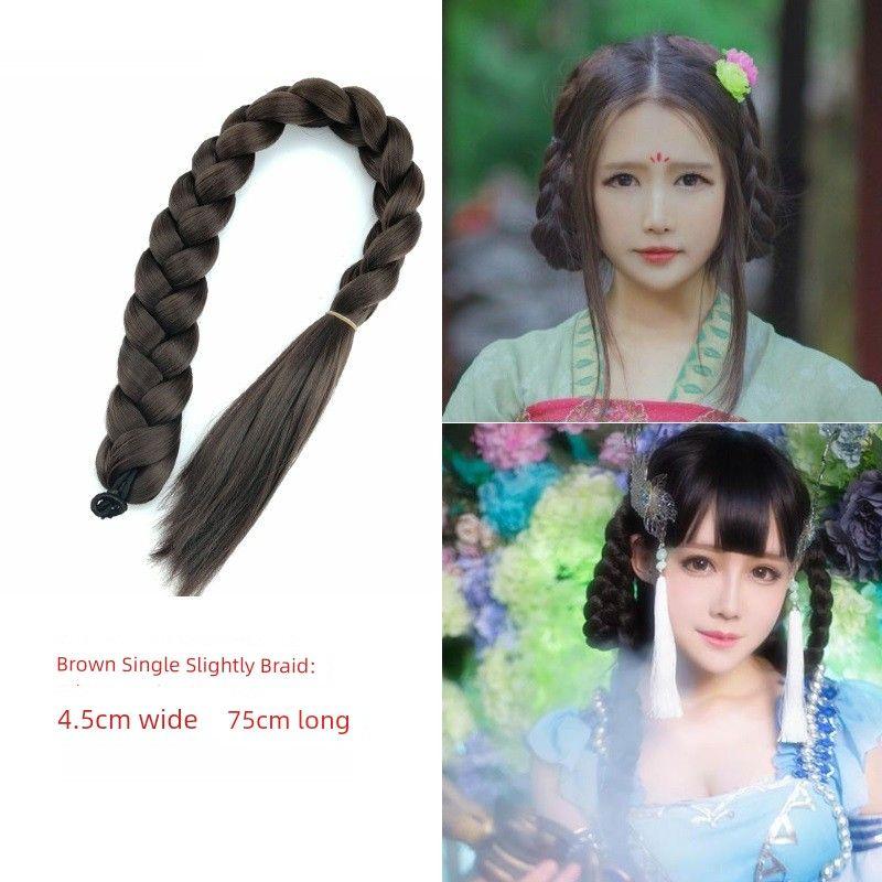 Ancient Costume Wig Double-Headed Twist Braid Republic of China Student Big Braid Chinese Bride Xiuhe Style Coiled Hair Wig Long Braid