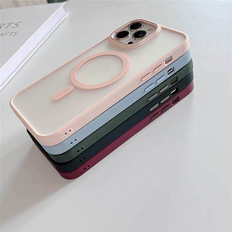 Custodia Trasparente Colorata Opaca Anti-impronte in TPU + Acrilico per iPhone 15 14 13 12 11 Pro Max Plus Anello Metallico Foro Grande Lente Posteriore Magnetico