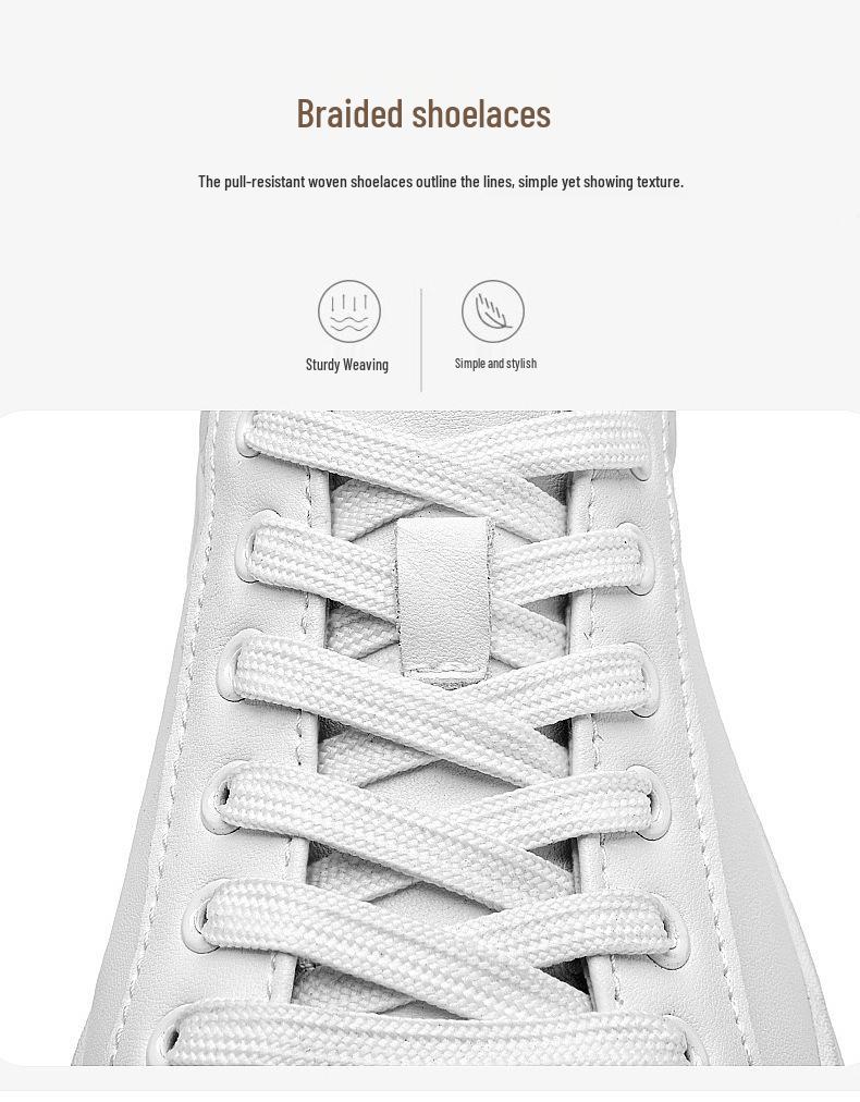 Men's White Low-Top Casual Cowhide Shoes with Thick Sole and Breathable, Versatile Round Toe Design.