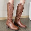Vintage Totem Print Side Zip Pu Riding Boots Women Medium Heel Western Boots Women 2025 Winter Sexy Knee High Shoes